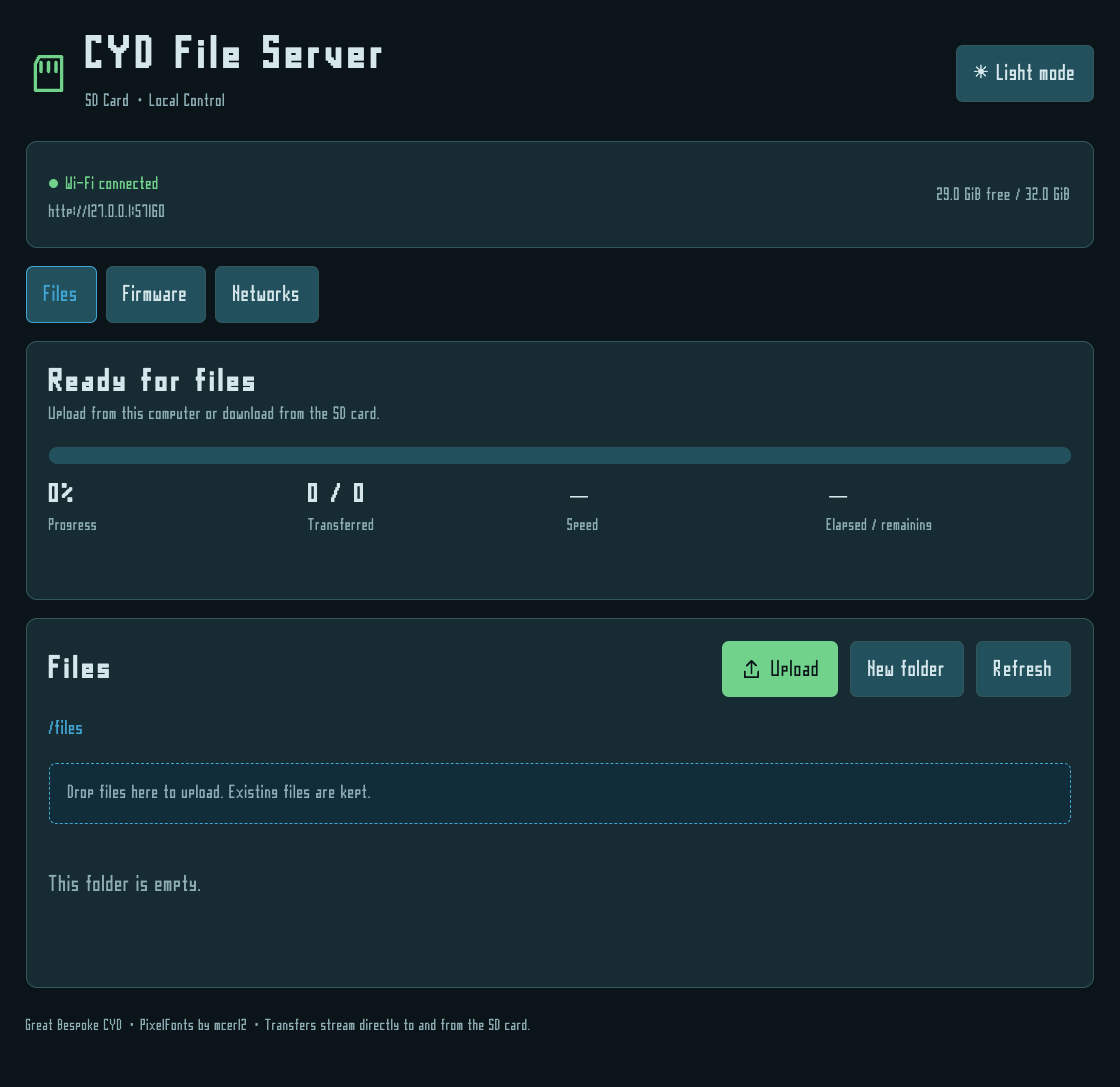 File Server browser interface with file navigation, upload controls and transfer status