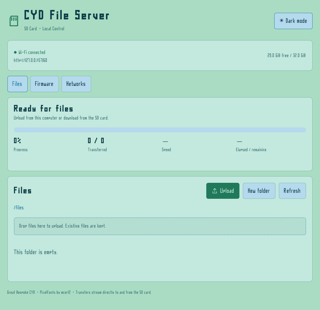 File Server browser interface with file navigation, upload controls and transfer status in light mode