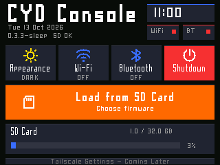 Console home with clock, theme, radio and Shutdown tiles, SD loader and storage panel