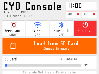 Console home with clock, theme, radio and Shutdown tiles, SD loader and storage panel in light mode