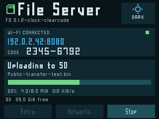 File Server displays its browser address, a large numeric code, and transfer progress