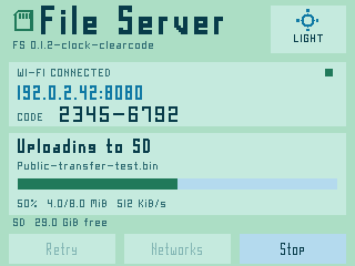 File Server displays its browser address, a large numeric code, and transfer progress in light mode