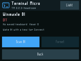 Terminal Micro keyboard page with Scan B1, Pair, Disconnect and Forget controls
