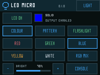 LED Micro colour presets, LED power, brightness and white flashlight controls in dark mode