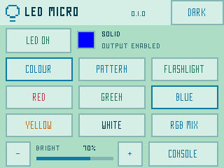 LED Micro colour presets and brightness controls in the mint and blue light theme