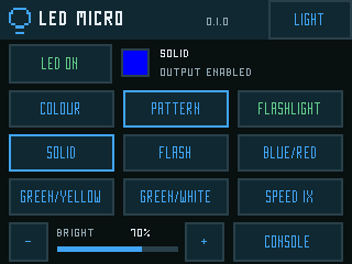 LED Micro pattern controls: solid, flash, blue-red, green-yellow, green-white and speed