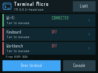 Terminal Micro lobby with Wi-Fi, keyboard, selected host and Open terminal controls