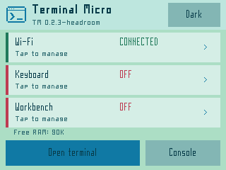 Terminal Micro lobby with Wi-Fi, keyboard, selected host and Open terminal controls in light mode