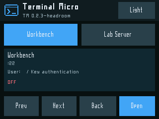 Terminal Micro host selector showing example Workbench and Lab Server hosts