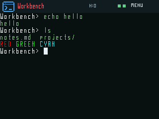 PixelFonts SSH terminal showing a short Workbench prompt, sample shell output and ANSI colours
