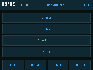 Usage source picker listing Ollama, Codex, OpenRouter and a custom My AI source
