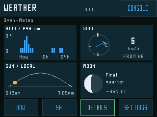 Four weather panels: 24-hour rain bars, wind compass, daylight arc and moon phase (dark theme, public renderer fixture)