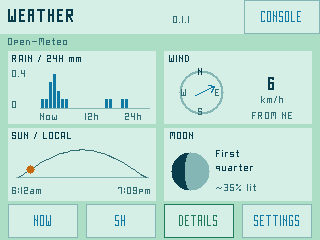 Four weather panels: 24-hour rain bars, wind compass, daylight arc and moon phase (light theme, public renderer fixture)