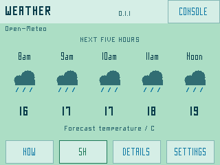 Five-hour forecast with three rows for local times, weather icons and point temperatures (light theme, public renderer fixture)