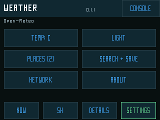 Weather settings for C-F, theme, places, search, network and attribution (dark theme, public renderer fixture)