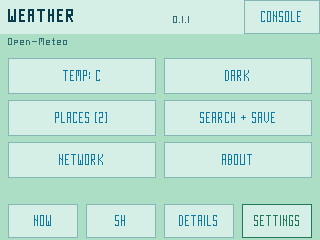 Weather settings for C-F, theme, places, search, network and attribution (light theme, public renderer fixture)